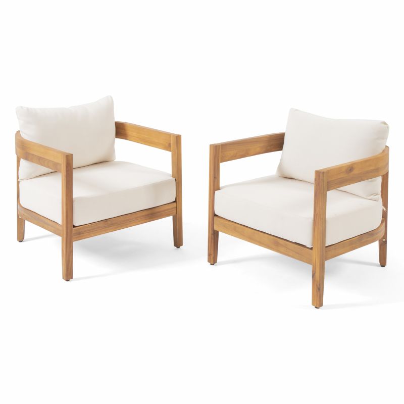 312395 Brooklyn Outdoor Acacia Wood Club Chair with Cushions (Set of 2), Teak and Beige