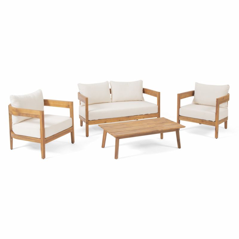 312399 Brooklyn Outdoor Acacia Wood 4 Seater Chat Set with Cushions, Teak and Beige