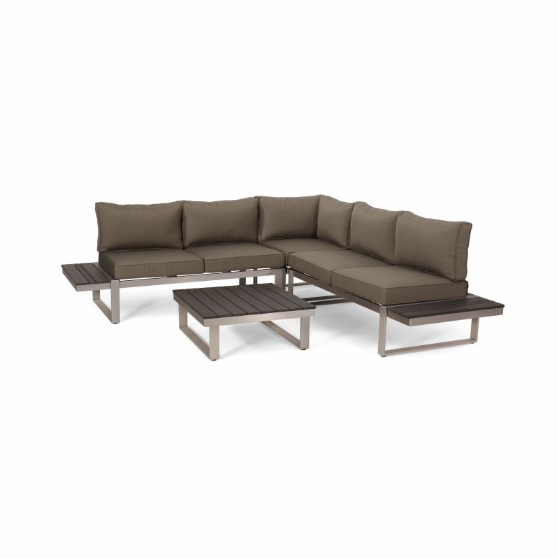 313302 Sterling Outdoor Aluminum V-Shaped 5 Seater Sofa Set with Cushions, Khaki and Gray