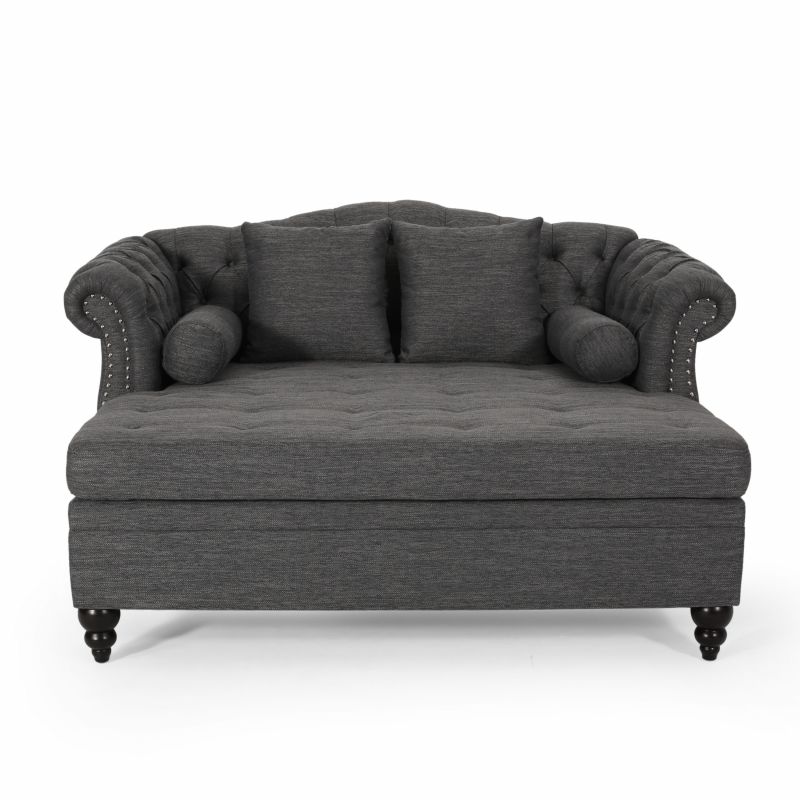 314715 Wellston Contemporary Tufted Double Chaise Lounge with Accent Pillows, Charcoal and Dark Brown