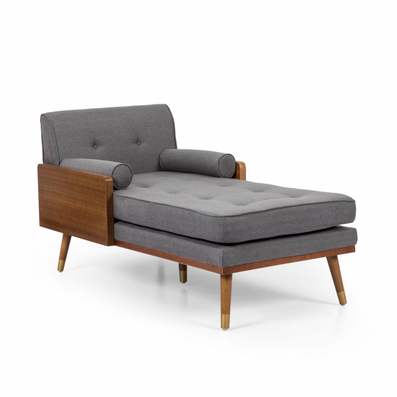312354 Fortas Mid-Century Modern Fabric Chaise Lounge, Gray and Dark Walnut