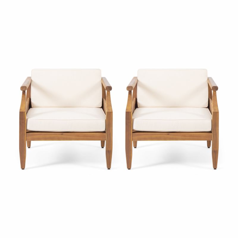 312157 Aston Outdoor Mid-Century Modern Acacia Wood Club Chair With Cushion (Set of 2), Teak and Cream