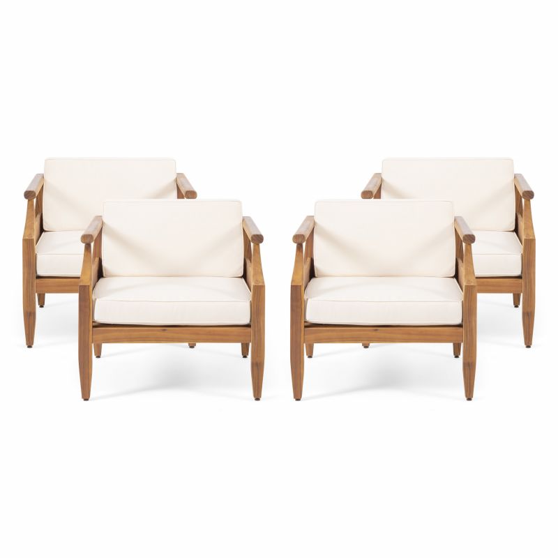 312159 Aston Outdoor Mid-Century Modern Acacia Wood Club Chair With Cushion (Set of 4), Teak and Cream