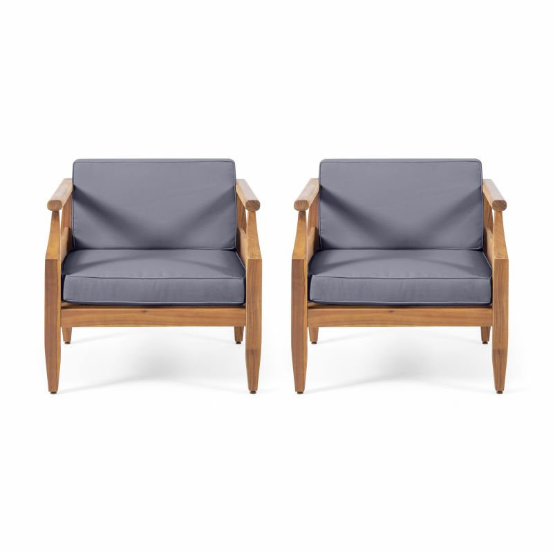 312158 Aston Outdoor Mid-Century Modern Acacia Wood Club Chair With Cushion (Set of 2), Teak and Dark Gray