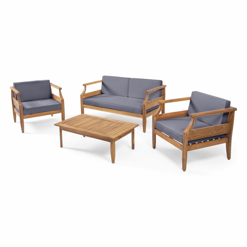 312162 Aston Outdoor Mid-Century Modern Acacia Wood 4 Seater Chat Set with Cushions, Teak and Dark Gray