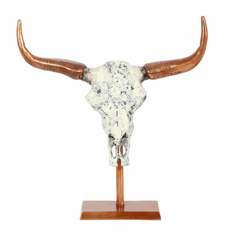 314039 Lowndes Handcrafted Aluminum Bull Skull Decor with Stand, Natural White and Bronze