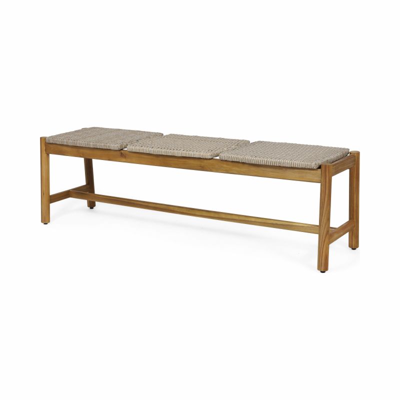 312935 Cambria Outdoor 3 Seater Wicker Bench, Teak and Light Gray