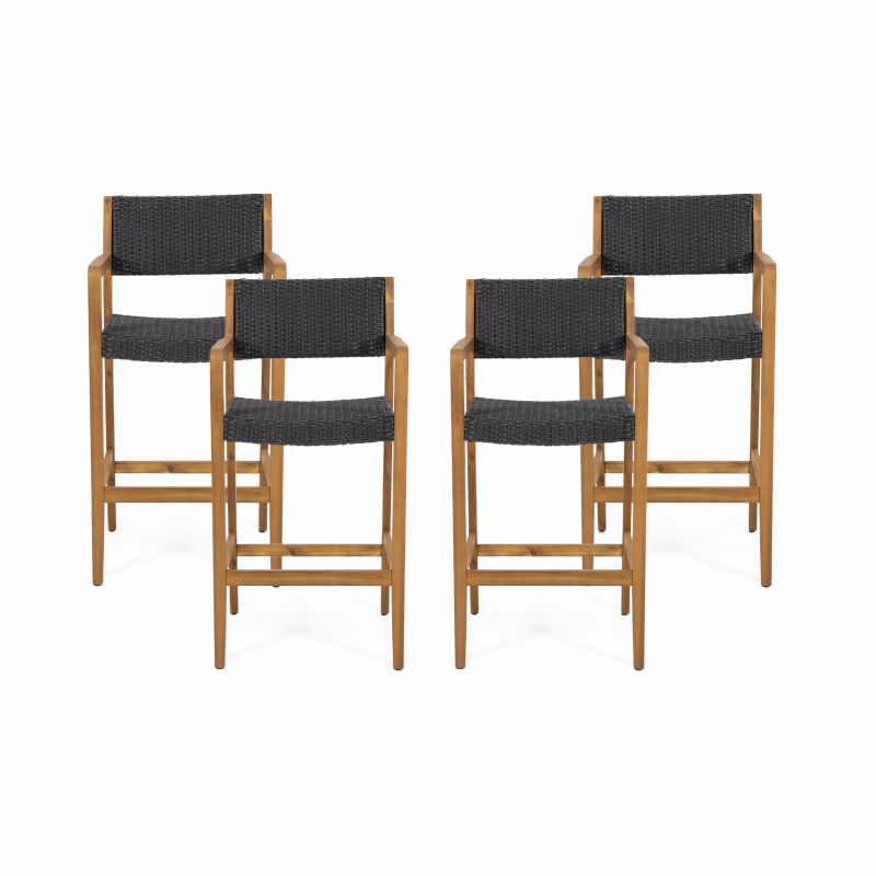 312833 Genesee Outdoor Acacia Wood Barstools with Wicker (Set of 4), Teak and Black