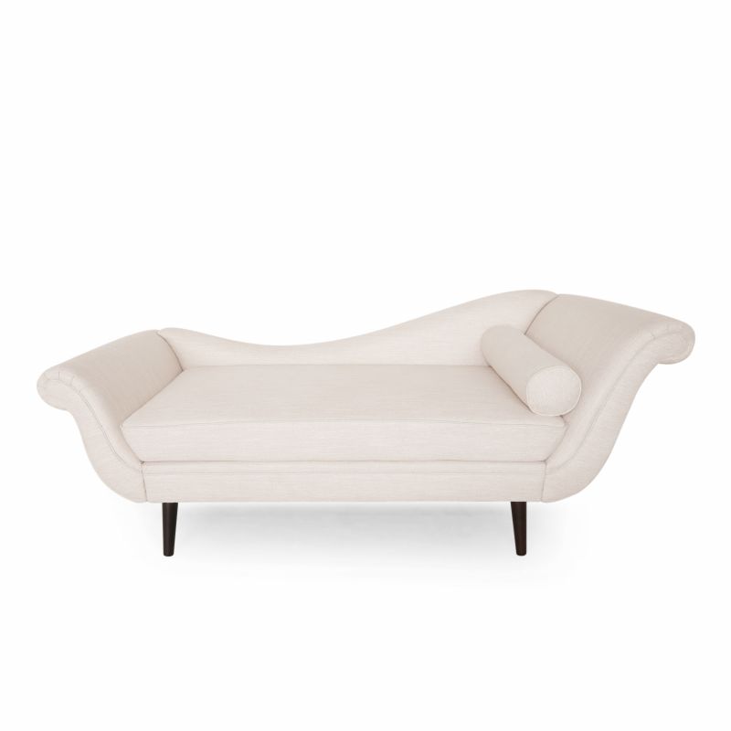 312987 Calvert Contemporary Chaise Lounge with Scroll Arms, Beige and Dark Brown