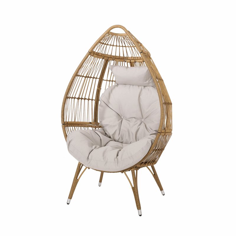 313125 Serina Outdoor Wicker Teardrop Chair with Cushion, Beige and Light Brown