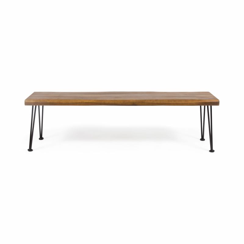312780 Zion Outdoor Modern Industrial Acacia Wood Bench with Metal Hairpin Legs, Teak and Rustic Metal