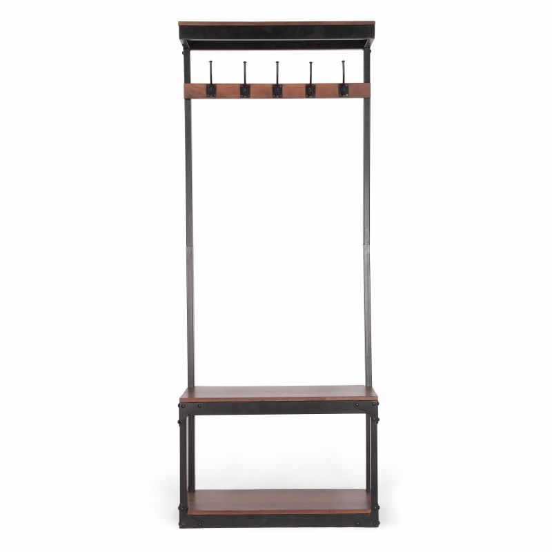314329 Willards Modern Industrial Handcrafted Mango Wood Coat Rack with Bench, Cafe Brown and Black