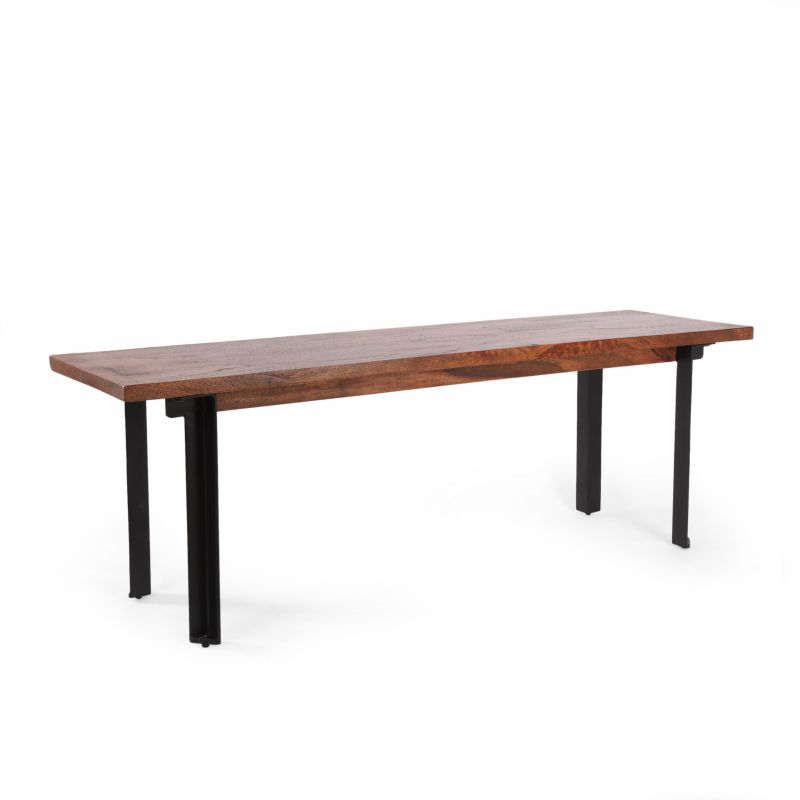 313608 Pisgah Handcrafted Modern Industrial Mango Wood Dining Bench, Country Brown and Black