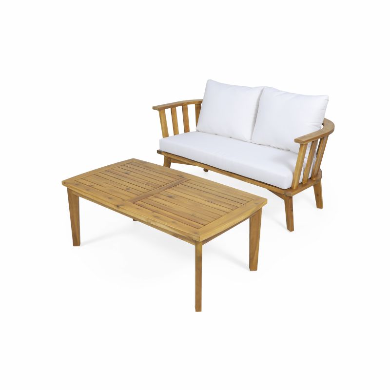 313174 Solano Outdoor Wooden Loveseat and Coffee Table Set, White and Teak Finish