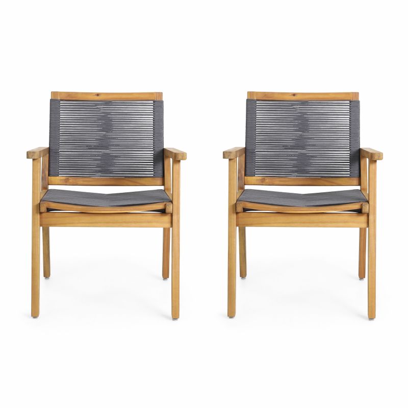 313690 Mcgill Outdoor Acacia Wood Dining Chair with Rope Seating (Set of 2), Teak and Dark Gray