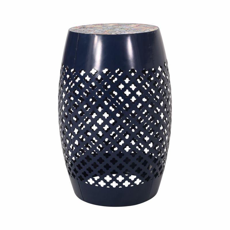 313055 Roswell Outdoor Lace Cut Side Table with Tile Top, Dark Blue and Multi-Color