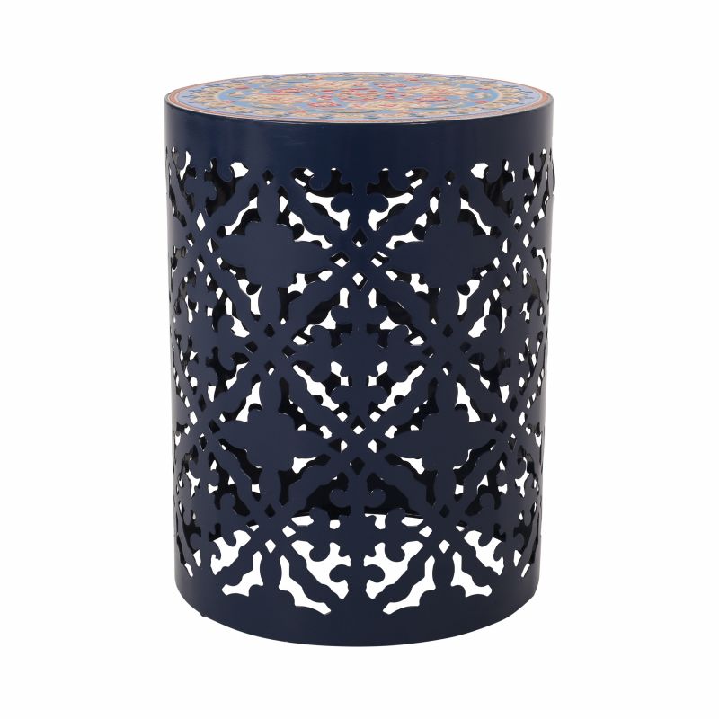 313061 Castana Outdoor Lace Cut Side Table with Tile Top, Dark Blue and Multi-Color