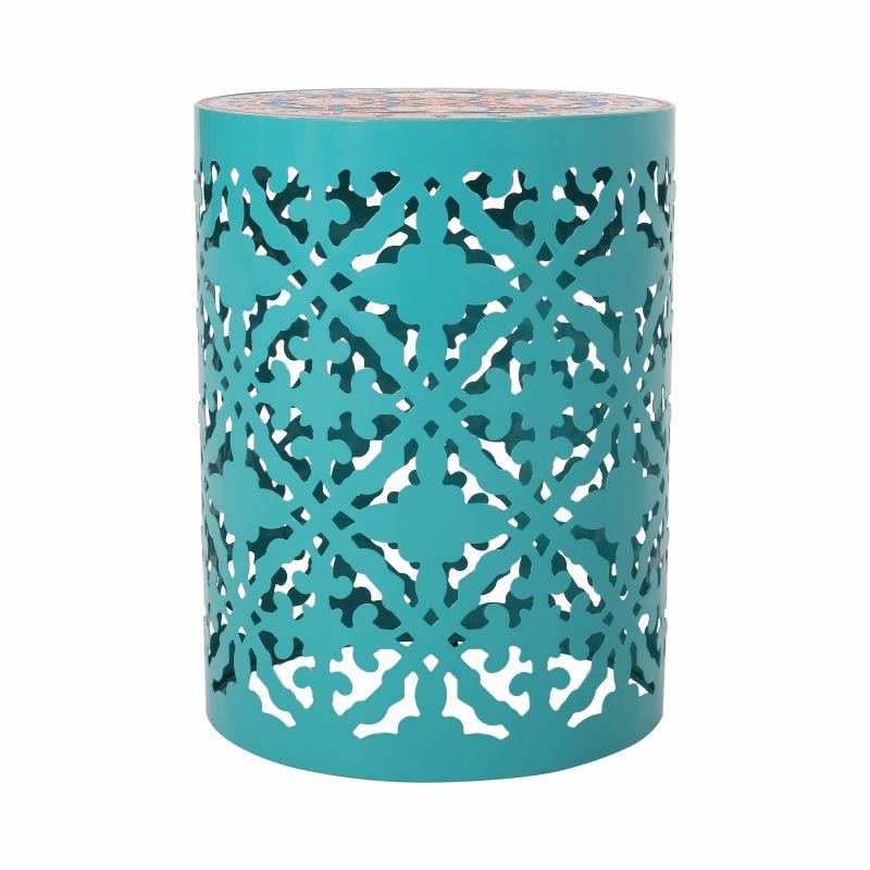 313062 Castana Outdoor Lace Cut Side Table with Tile Top, Teal and Multi-Color