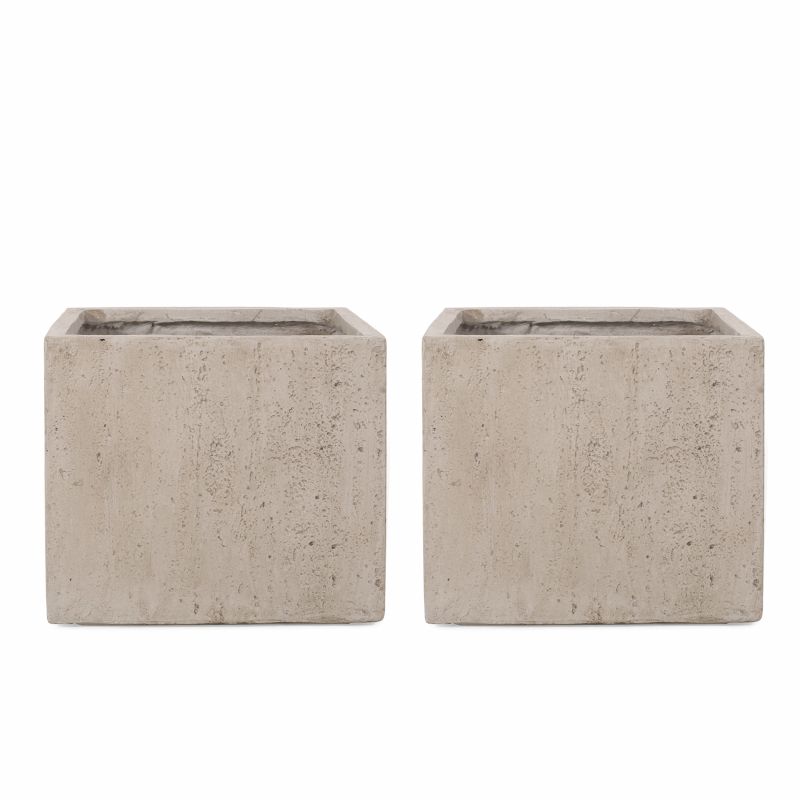 313323 Ella Outdoor Modern Large Cast Stone Square Planters (Set of 2), White