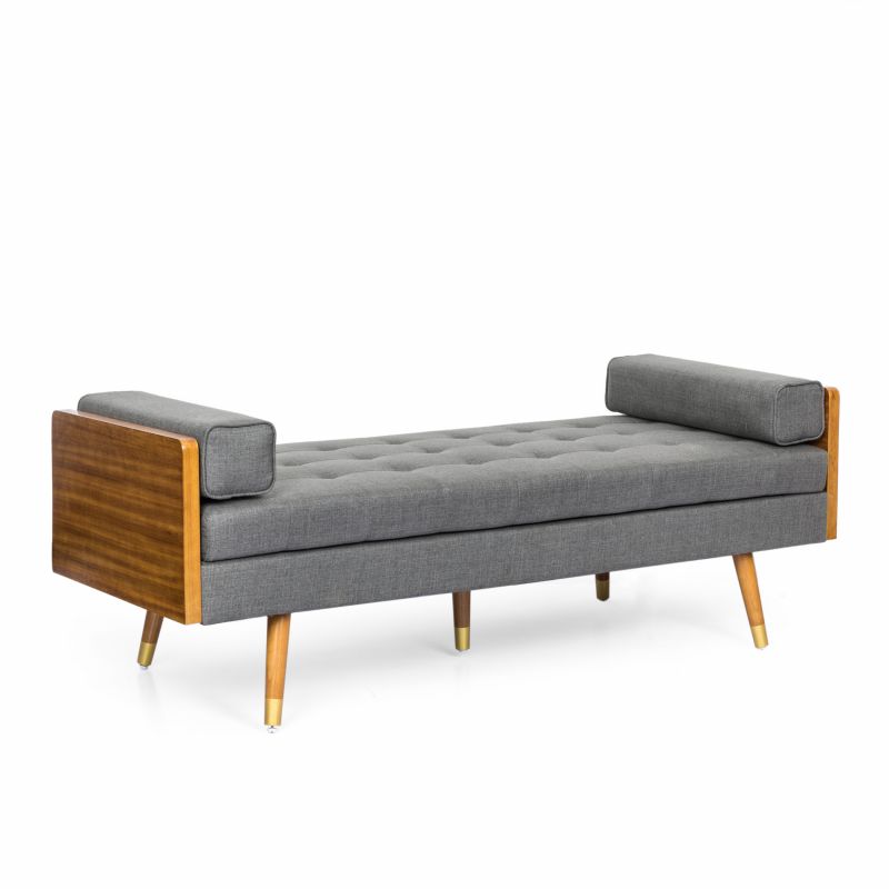 314722 Keairns Mid-Century Modern Tufted Double End Chaise Lounge with Bolster Pillows, Gray and Dark Walnut