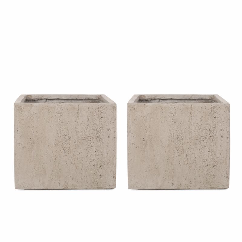 313325 Ella Outdoor Modern Medium Cast Stone Square Planters (Set of 2), White