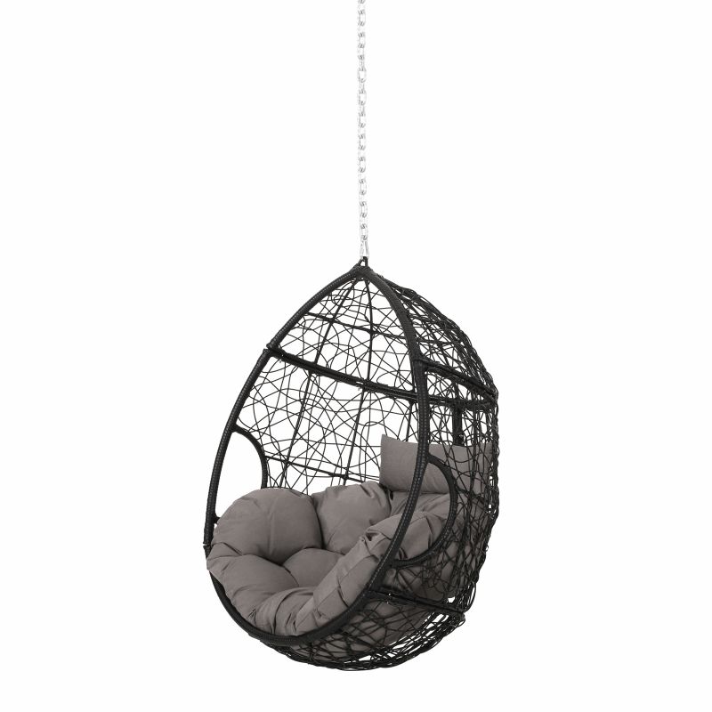 Castaic Outdoor/Indoor Wicker Hanging Chair with 8 Foot Chain (NO STAND), Black and Gray