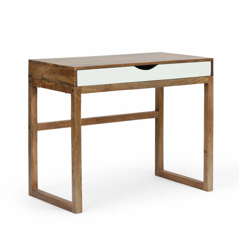 314323 Ricketson Contemporary Handcrafted Mango Wood Desk with Storage, Natural and White