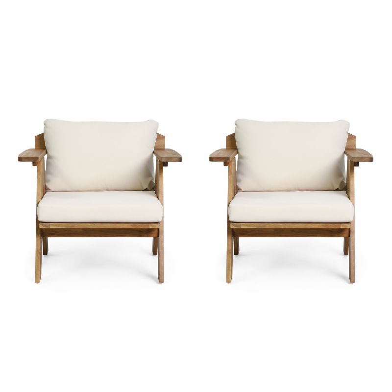 313970 Arcola Outdoor Acacia Wood Club Chairs with Cushions (Set 2), Teak and Beige