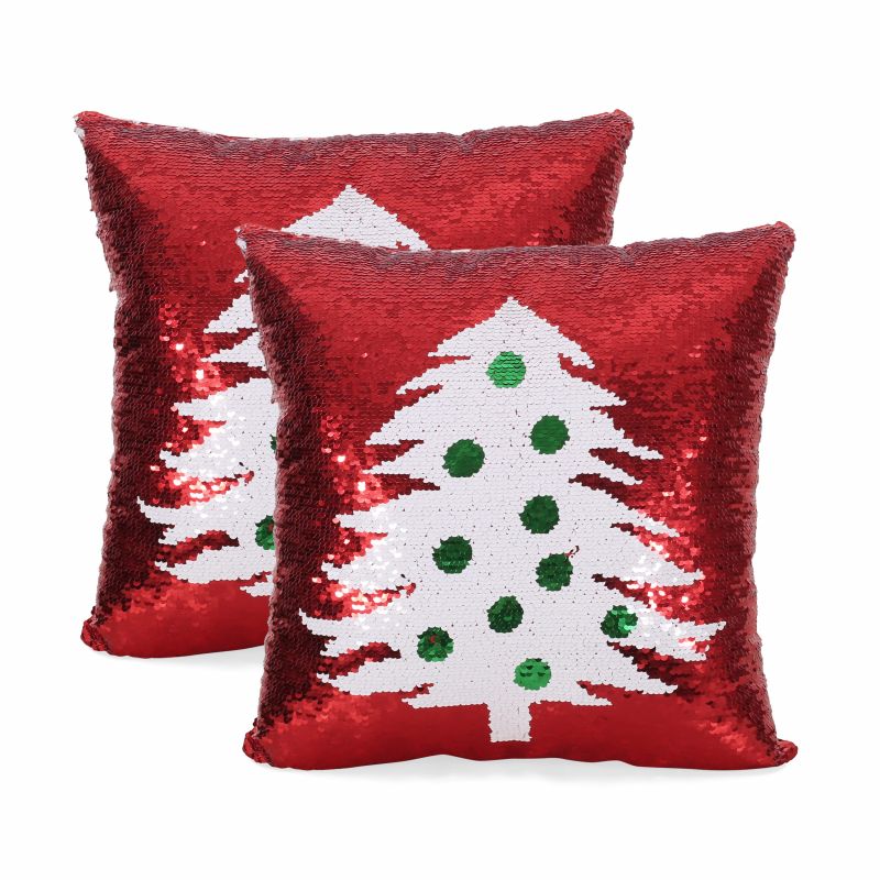Texola Glam Sequin Christmas Throw Pillow (Set of 2), Red and White Tree