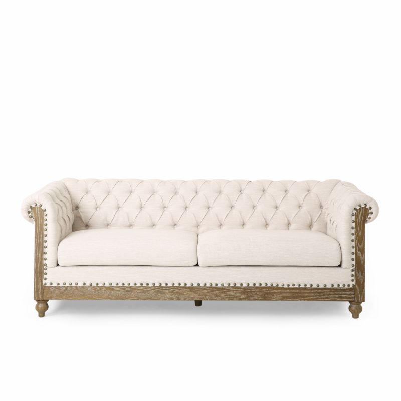 314533 Castalia Chesterfield Tufted Fabric 3 Seater Sofa with Nailhead Trim, Beige and Dark Brown