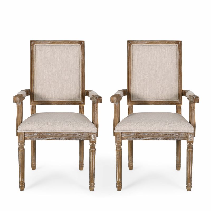Maria French Country Wood Upholstered Dining Chair (Set of 2), Beige and Natural