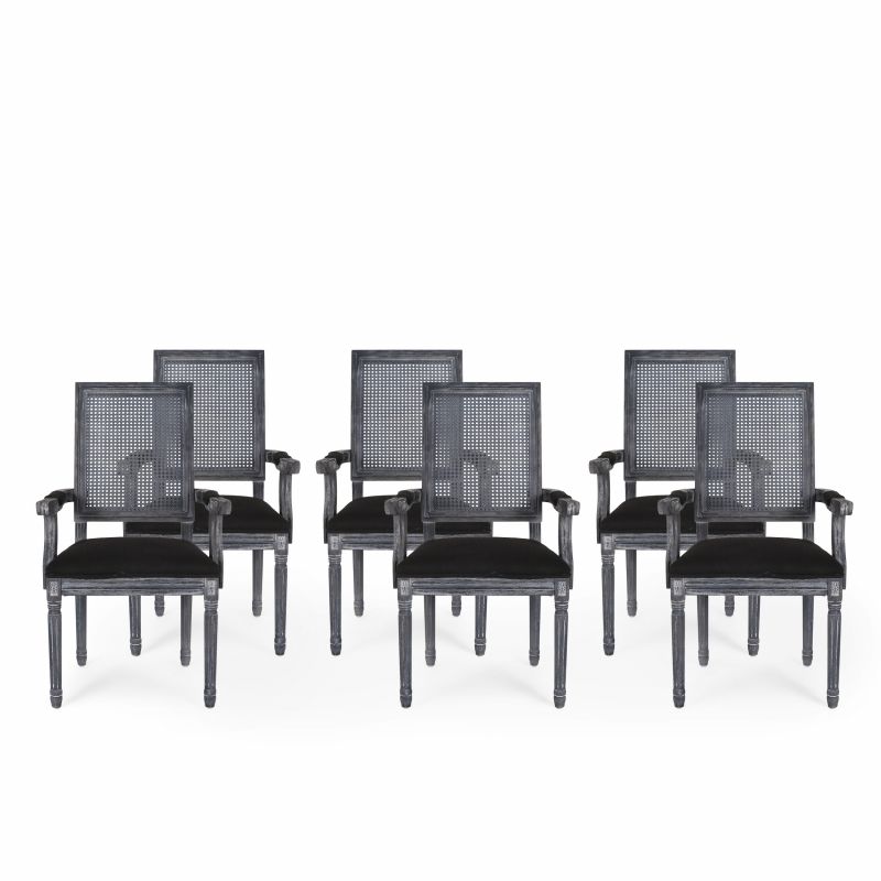 315135 Maria French Country Wood and Cane Upholstered Dining Chair (Set of 6) Black and Gray