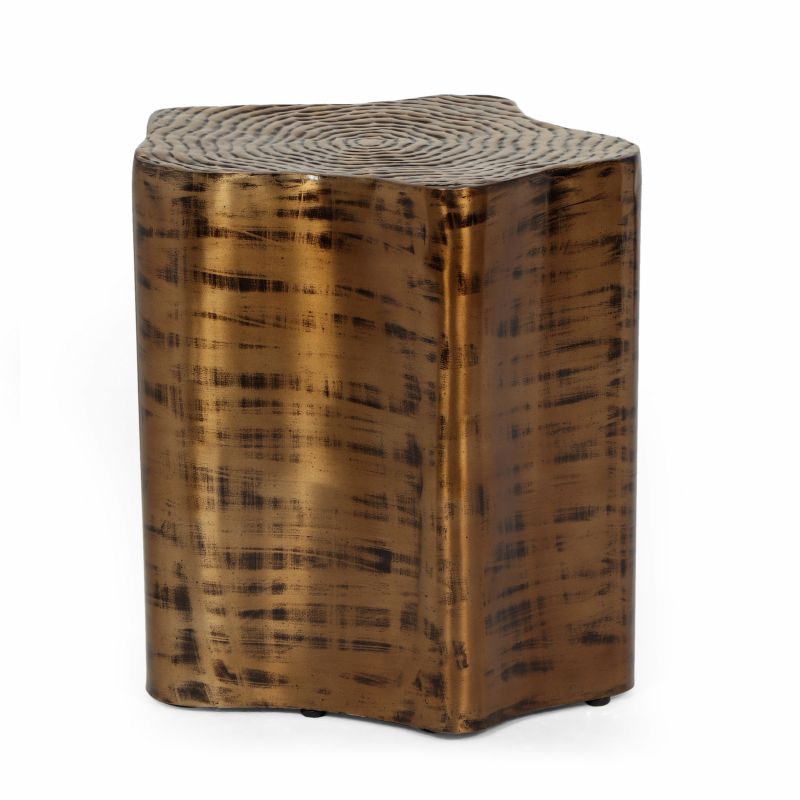 314903 Hysham Boho Handcrafted Aluminum Tree Stump Side Table, Aged Brass