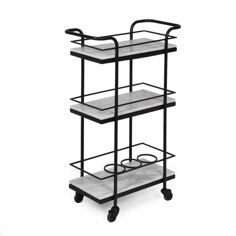 315096 Henri Modern Glam 3 Tier Bar Cart with Marble Shelving, Silver and White