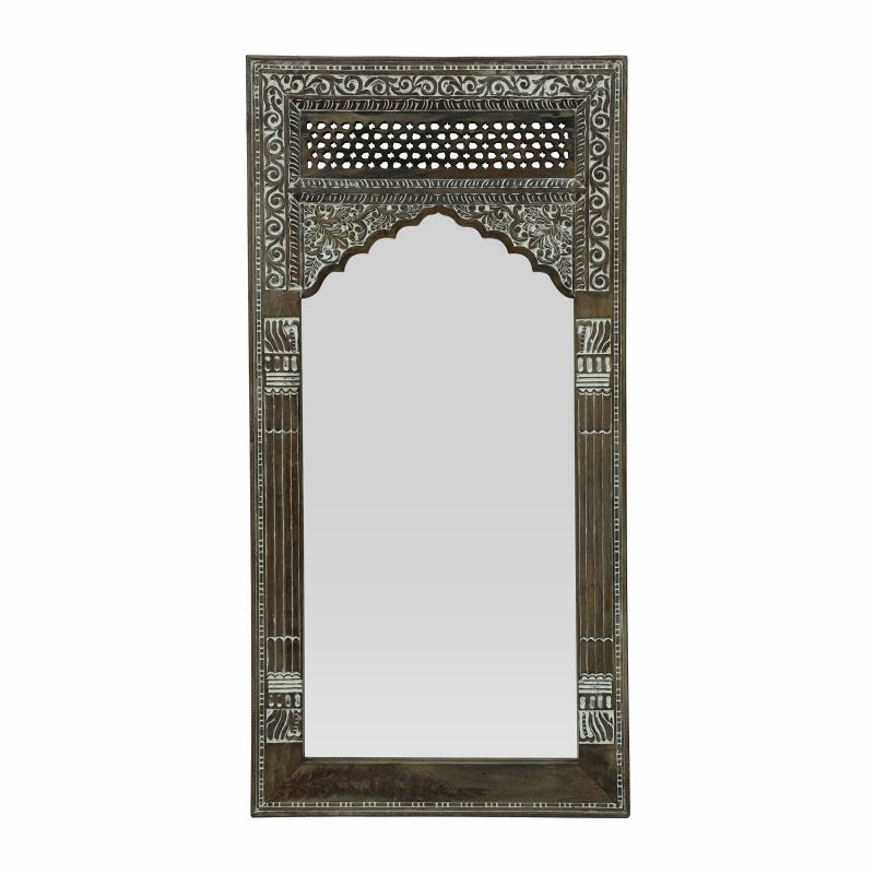 314958 Upsata Traditional Handcrafted Mango Wood Carved Full Length Standing Mirror, White Washed