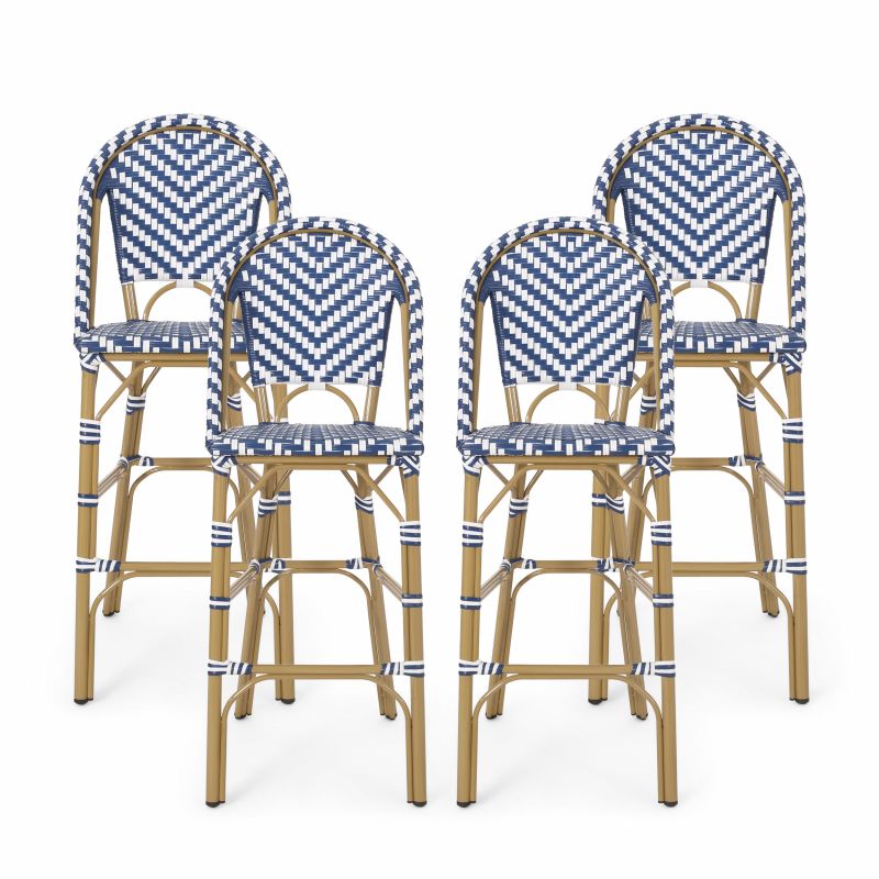 314449 Kinner Outdoor Aluminum French Barstools (Set of 4), Navy Blue, White, and Bamboo Finish