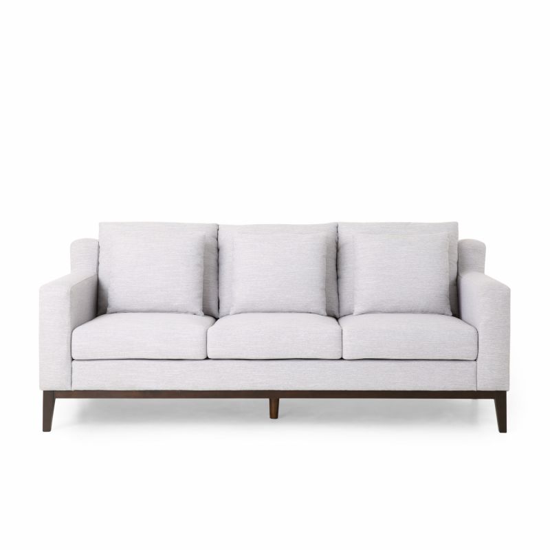 314942 Elliston Contemporary Fabric 3 Seater Sofa with Accent Pillows, Light Gray and Dark Walnut