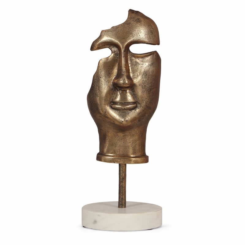 314466 Montville Handcrafted Aluminum  Abstract Face Decor with Stand, Antique Brass and White