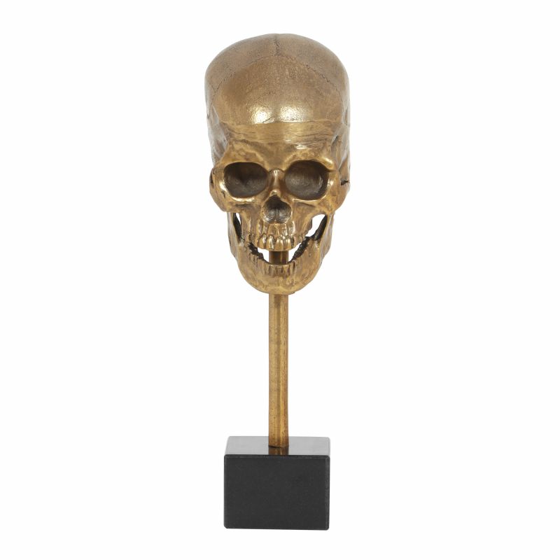 314608 Hettle Handcrafted Aluminum Skull Decor with Stand, Raw Brass and Black