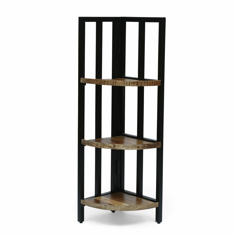 314897 Teton Modern Industrial Handcrafted Mango Wood 3 Shelf Corner Bookcase, Natural and Black