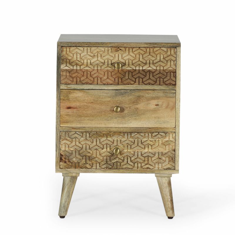 314568 Lytle Boho Handcrafted Mango Wood 3 Drawer Nightstand, Natural