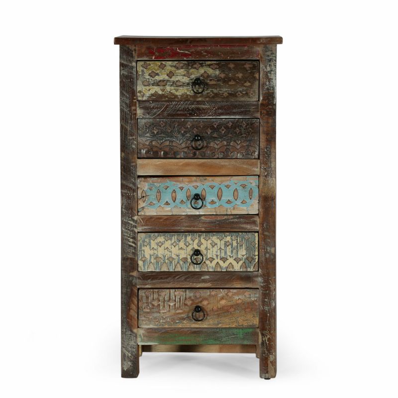 Swint Boho Handcrafted 5 Drawer Chest, Multi-Colored and Natural by Noble House