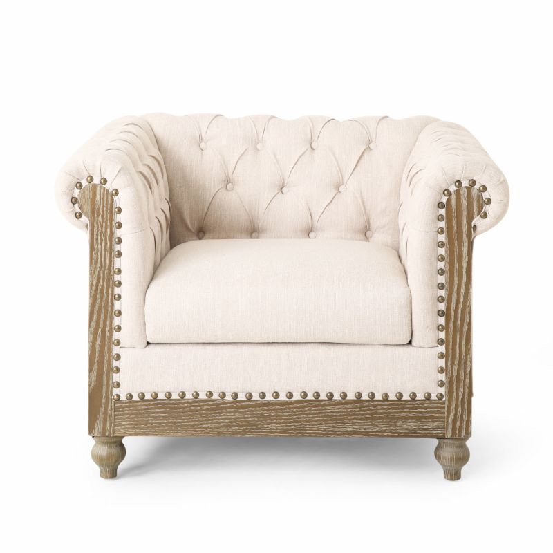 314391 Castalia Chesterfield Tufted Fabric Club Chair with Nailhead Trim, Beige and Dark Brown