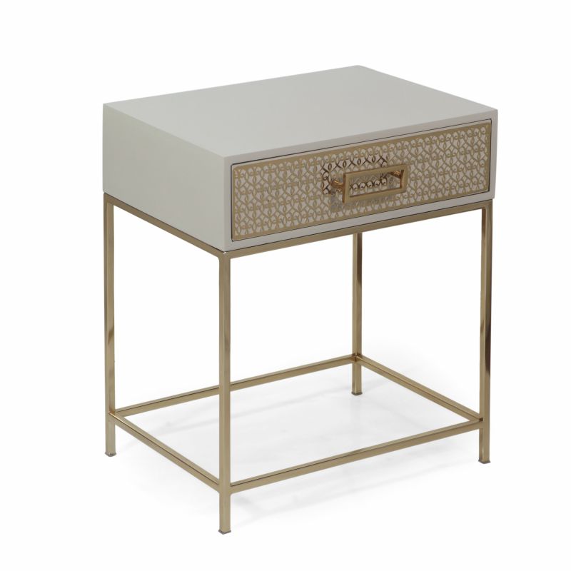 314966 Reser Modern Glam Handcrafted Scroll Mesh Nightstand, Light Gray and Gold
