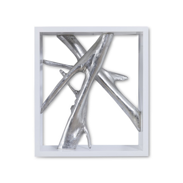 PH63690 Framed Branches Wall Tile, White, Silver Leaf