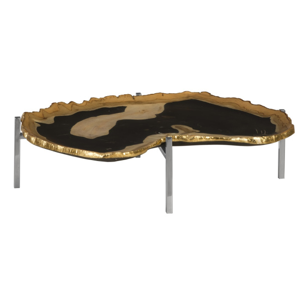 PH92563 Cast Petrified Wood Tray, Gold Leaf Edge, Resin, Stainless Steel Base