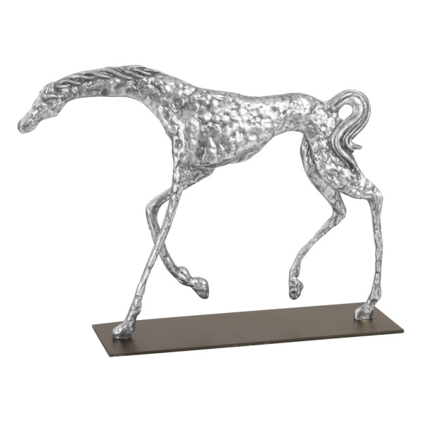 PH94513 Prancing Horse Sculpture on Black Metal Base, Silver Leaf