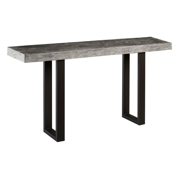 TH95588 Chamcha Wood Console Table, Metal U Legs, Grey Stone Finish