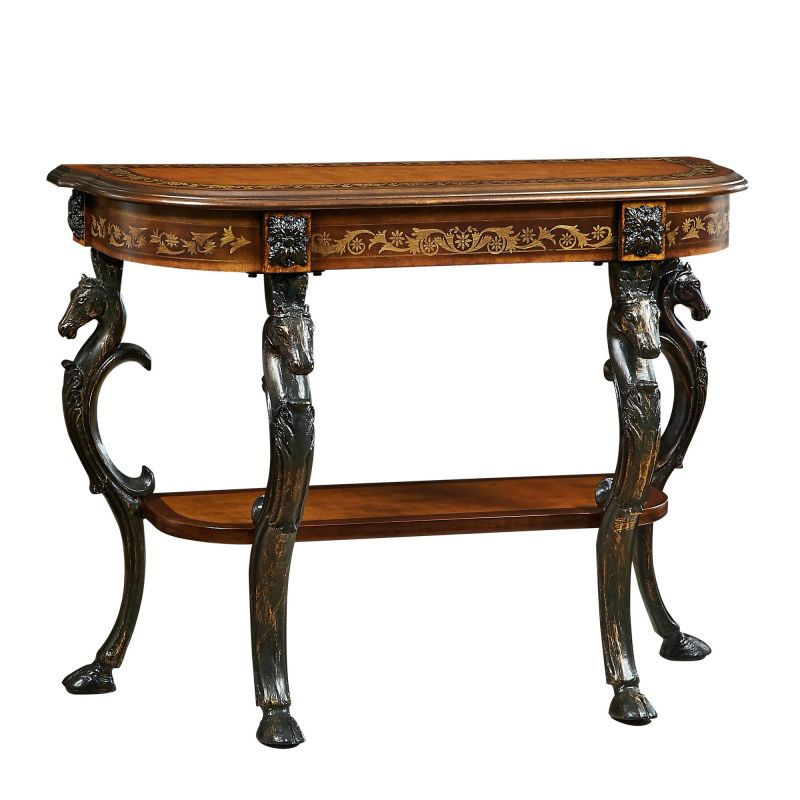 416-225 Masterpiece Floral Demilune Console Table with Horse head, Hoofed-foot Cast Legs & Display Shelf