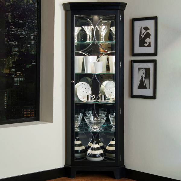21220 Lighted 4 Shelf Corner Curio Cabinet in Oxford Black